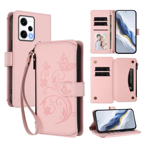 Funda de cuero con cremallera para Redmi Note 12 Pro+ Global / Note 12 Explorer, diseño de mariposas, flores y amor, con múltiples tarjetas (rosa)