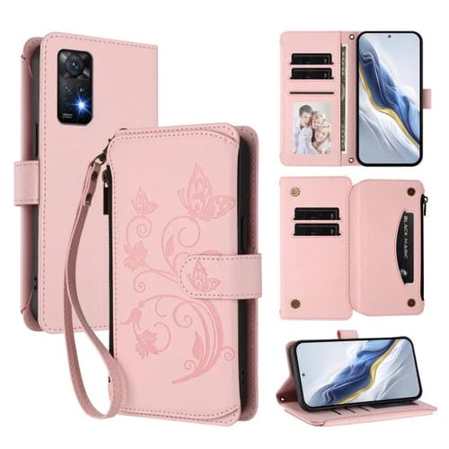 Funda de cuero con cremallera para Redmi Note 12 Pro 4G / Note 11 Pro 5G, diseño de mariposas, flores y múltiples tarjetas (rosa)