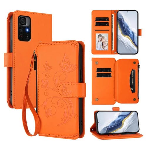 Funda de cuero con cremallera para Redmi Note 11S 5G y Xiaomi Poco M4 Pro 5G, diseño de mariposas y flores, con múltiples tarjetas (naranja)