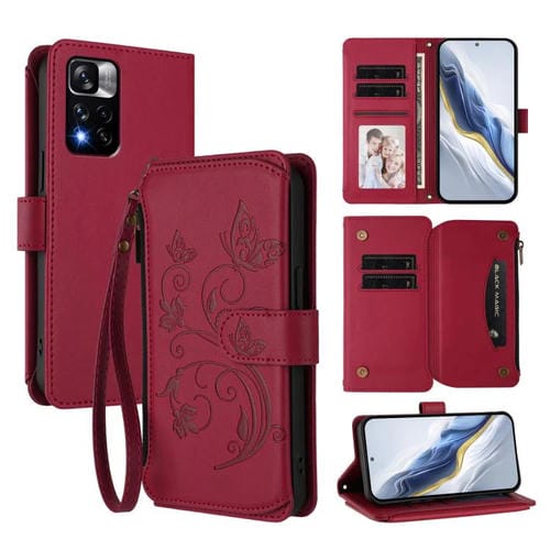 Funda de cuero con cremallera para Redmi Note 11 Pro+ 5G y Xiaomi Poco X4 NFC, diseño de mariposas y flores (rojo vino)