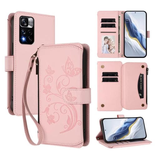 Funda de cuero con cremallera para Redmi Note 11 Pro+ 5G y Xiaomi Poco X4 NFC, diseño de mariposas, flores y mariposas (rosa)