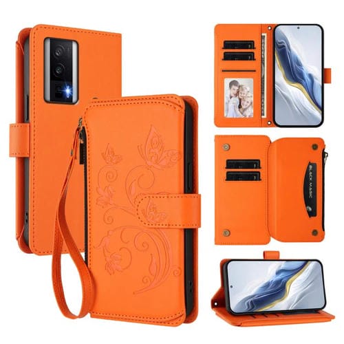 Funda de cuero con cremallera para Redmi K60/K60 Pro, diseño de mariposas, flores y amor, con múltiples tarjetas (naranja)