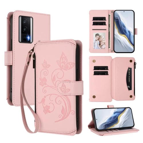Funda de cuero con cremallera para Redmi K60/K60 Pro, diseño de mariposas, flores y amor, con múltiples tarjetas (rosa)