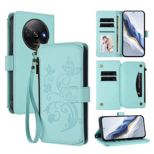 Funda de cuero con cremallera para Redmi A3 / A3x / Xiaomi Poco C61, diseño de mariposas y flores (verde menta)