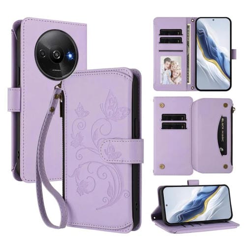 Funda de cuero con cremallera para Redmi A3 / A3x / Xiaomi Poco C61, diseño de mariposas y flores, con mĂșltiples tarjetas (morado claro)