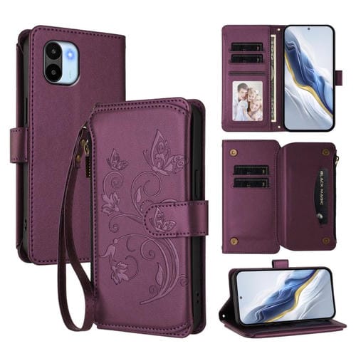 Funda de cuero con cremallera para Redmi A1/Redmi A2, diseño de mariposas, flores y mariposas (morado oscuro)