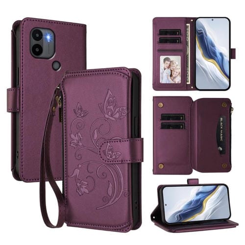 Funda de cuero con cremallera para Redmi A1+ / A2+ / Xiaomi Poco C51, diseño de mariposas y flores (morado oscuro)