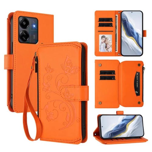 Funda de cuero con cremallera para Redmi 13C 4G / 5G / Xiaomi Poco C65, diseño de mariposas, flores y múltiples tarjetas (naranja)