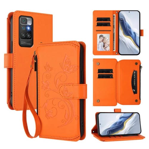 Funda de cuero con cremallera para Redmi 10 2022, diseño de mariposas, flores y mariposas (naranja)