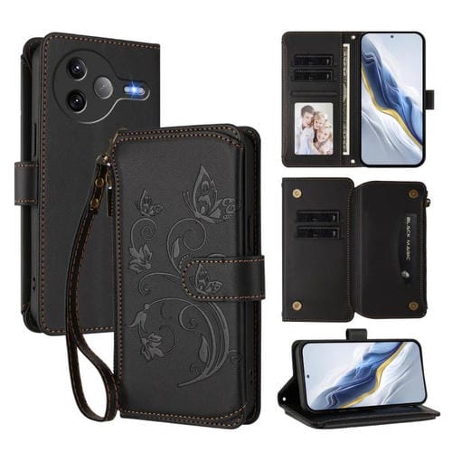 Funda de cuero con cremallera para Xiaomi Poco F7 Ultra / Redmi K80 Pro, diseño de mariposas y flores, con múltiples tarjetas (negro)