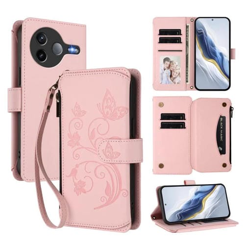 Funda de cuero con cremallera para Xiaomi Poco F7 Pro / Redmi K80, diseño de mariposas, flores y mariposas (rosa)