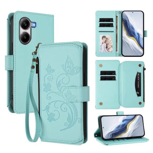 Funda de cuero con cremallera para Xiaomi Poco X7 Pro, diseño de mariposas, flores y mariposas (verde menta)