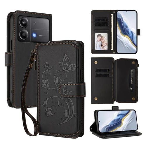Funda de cuero con cremallera para Xiaomi Poco X6 Neo, diseño de mariposas, flores y múltiples tarjetas (negro)