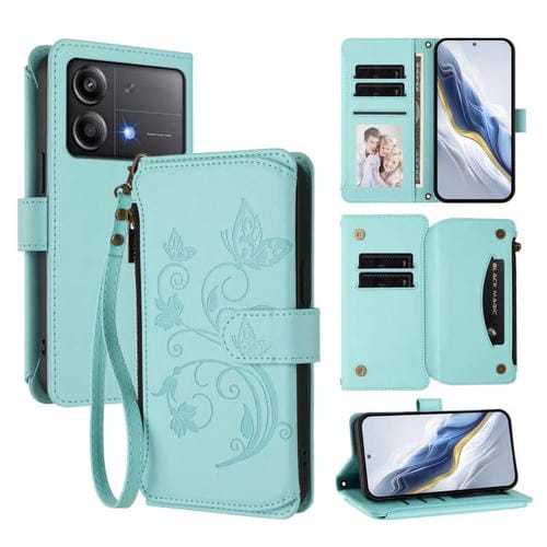Funda de cuero con cremallera para Xiaomi Poco X6 Neo, diseño de mariposas, flores y amor, con múltiples tarjetas (verde menta)