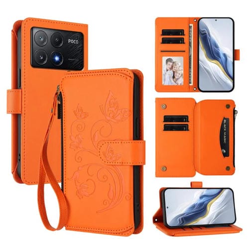 Funda de cuero con cremallera para Xiaomi Poco X6 Pro, diseño de mariposas, flores y mariposas (naranja)