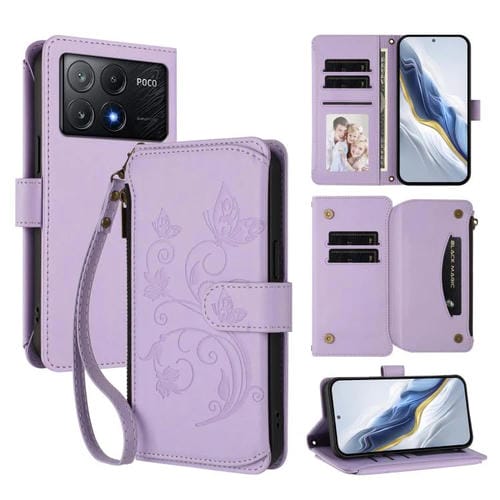 Funda de cuero con cremallera para Xiaomi Poco X6 Pro, diseño de mariposas, flores y mĂșltiples tarjetas (morado claro)