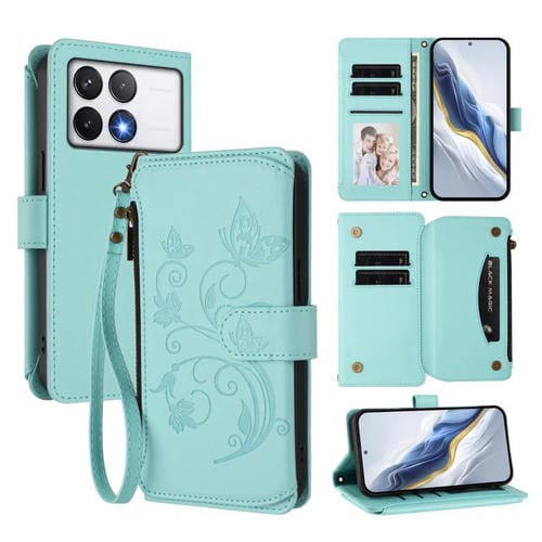 Funda de cuero con cremallera para Xiaomi Poco F6 Pro, diseño de mariposas y flores, con mĂșltiples tarjetas (verde menta)