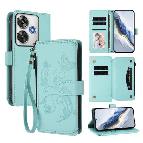 Funda de cuero con cremallera para Xiaomi Poco F6, diseño de mariposas y flores, con múltiples tarjetas (verde menta)