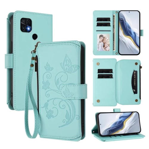 Funda de cuero con cremallera para Xiaomi Poco C40/Redmi 10C, diseño de mariposas y flores, con múltiples tarjetas (verde menta)