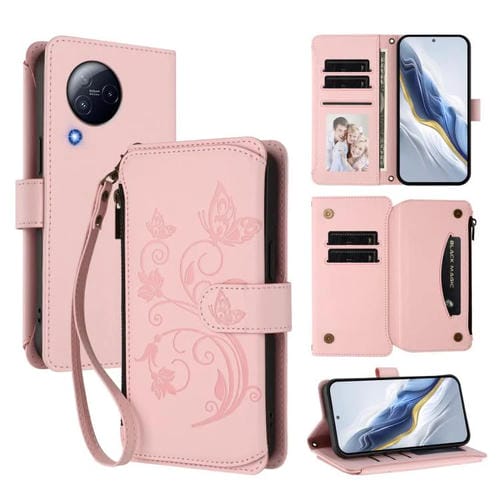 Funda de cuero con cremallera para Xiaomi Civi 3, diseño de mariposas, flores y mariposas (rosa)