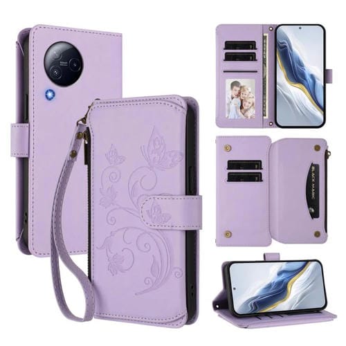 Funda de cuero con cremallera para Xiaomi Civi 3, diseño de mariposas y flores, con múltiples tarjetas (morado claro)