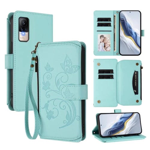 Funda de cuero con cremallera para Xiaomi Civi 1S, diseño de mariposas, flores y múltiples tarjetas (verde menta)