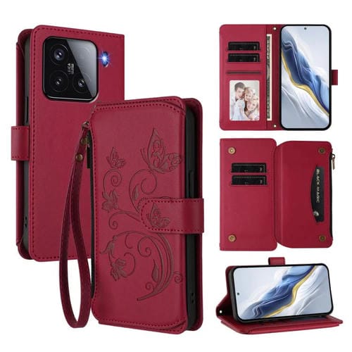 Funda de cuero con cremallera para Xiaomi 15, diseño de mariposas, flores y múltiples tarjetas (rojo vino)