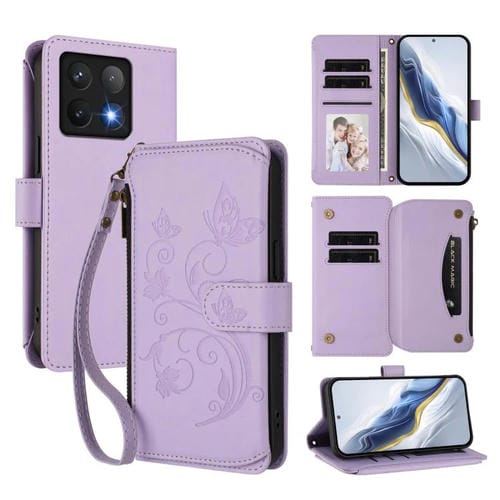 Funda de cuero con cremallera para Xiaomi 14T Pro, diseño de mariposas, flores y múltiples tarjetas (morado claro)