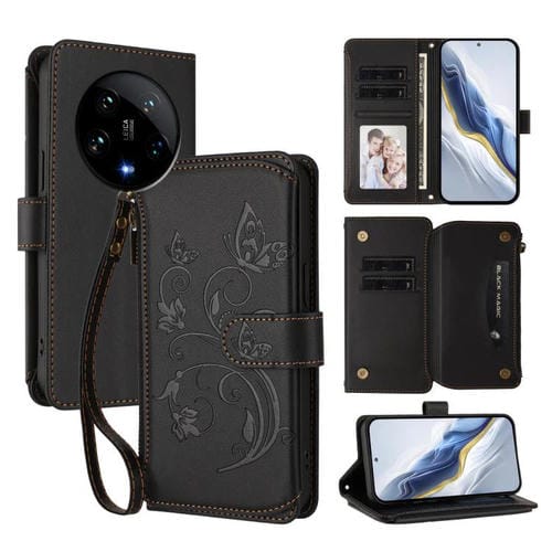 Funda de cuero con cremallera para Xiaomi 14 Ultra, diseño de mariposa, amor y flores, con múltiples tarjetas (negro)