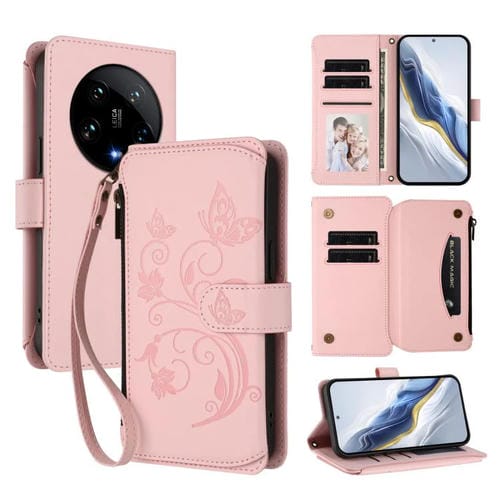 Funda de cuero con cremallera para Xiaomi 14 Ultra, diseño de mariposas y flores, con mĂșltiples tarjetas (rosa)