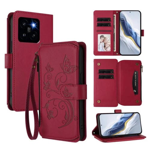 Funda de cuero con cremallera para Xiaomi 14 Pro, diseño de mariposas, flores y mariposas (rojo vino)