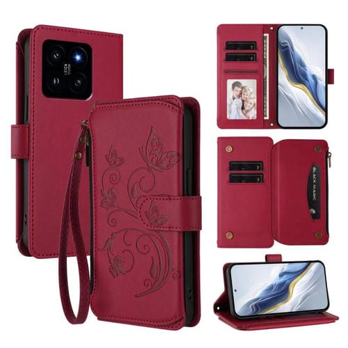 Funda de cuero con cremallera para Xiaomi 14, diseño de mariposas, flores y múltiples tarjetas (rojo vino)