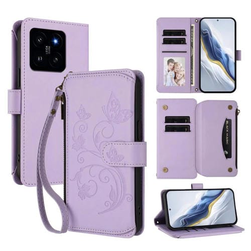 Funda de cuero con cremallera para Xiaomi 14, diseño de mariposa, flor y amor, con múltiples tarjetas (morado claro)