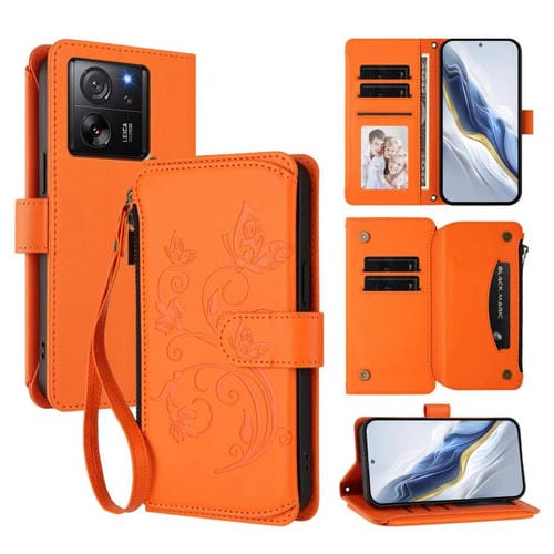 Funda de cuero con cremallera para Xiaomi 13T / 13T Pro / Redmi K60 Ultra, diseño de mariposas, flores y mariposas (naranja)