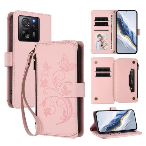 Funda de cuero con cremallera para Xiaomi 13T / 13T Pro / Redmi K60 Ultra, diseño de mariposas, flores y mariposas (rosa)