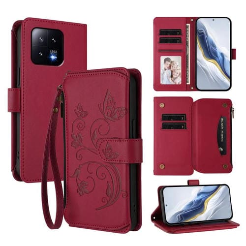 Funda de cuero con cremallera para Xiaomi 13, diseño de mariposas, flores y múltiples tarjetas (rojo vino)