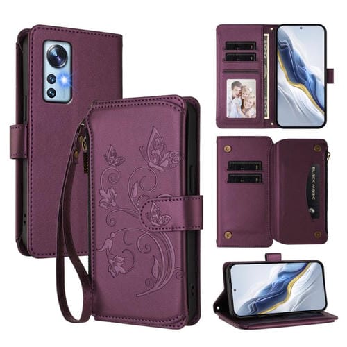 Funda de cuero con cremallera para Xiaomi 12 / Xiaomi 12X / Xiaomi 12S, diseño de mariposas y flores (morado oscuro)