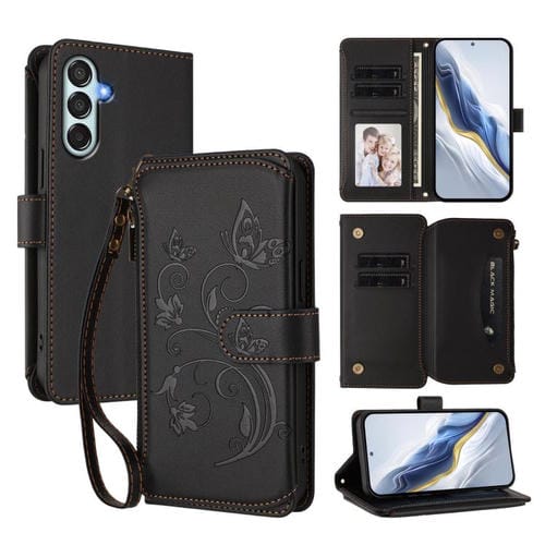 Funda de cuero con cremallera para Samsung Galaxy M15 5G / F15 5G, diseño de mariposas, flores y amor, con múltiples tarjetas (negro)