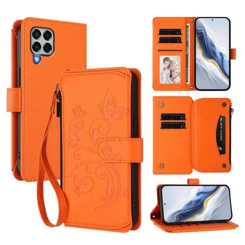 Funda de cuero con cremallera para Samsung Galaxy M33 5G, diseño de mariposas, flores y amor, con múltiples tarjetas (naranja)