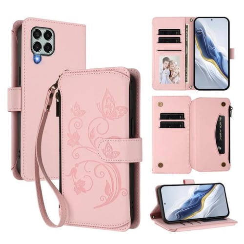 Funda de cuero con cremallera para Samsung Galaxy M33 5G, diseño de mariposas, flores y amor, con múltiples tarjetas (rosa)