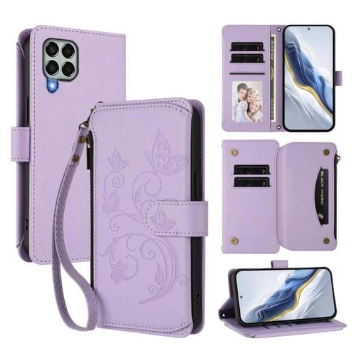 Funda de cuero con cremallera para Samsung Galaxy M33 5G, diseño de mariposas, flores y amor, con múltiples tarjetas (morado claro)