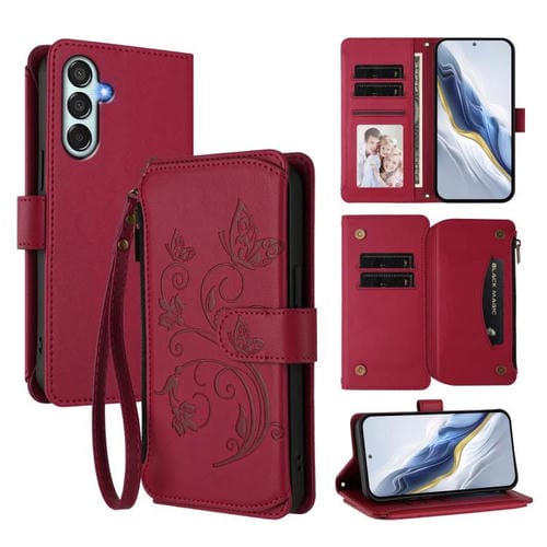 Funda de cuero con cremallera para Samsung Galaxy M34 5G / F34 5G, diseño de mariposas, flores y amor, con mĂșltiples tarjetas (rojo vino)