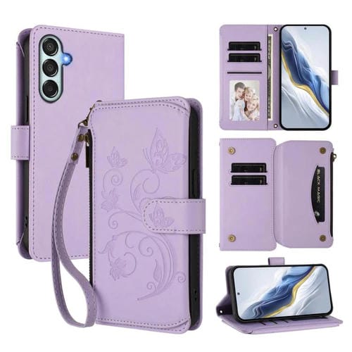 Funda de cuero con cremallera para Samsung Galaxy M34 5G / F34 5G, diseño de mariposas, flores y amor, con múltiples tarjetas (morado claro)
