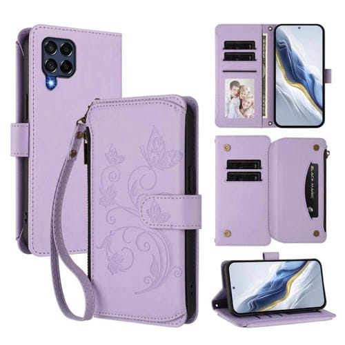 Funda de cuero con cremallera para Samsung Galaxy M53 5G, diseño de mariposas, flores y amor, con múltiples tarjetas (morado claro)