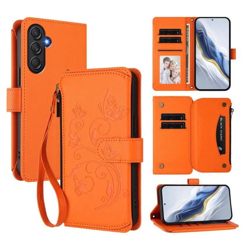 Funda de cuero con cremallera para Samsung Galaxy M54 5G / F54 5G, diseño de mariposas, flores y amor, con mĂșltiples tarjetas (naranja)