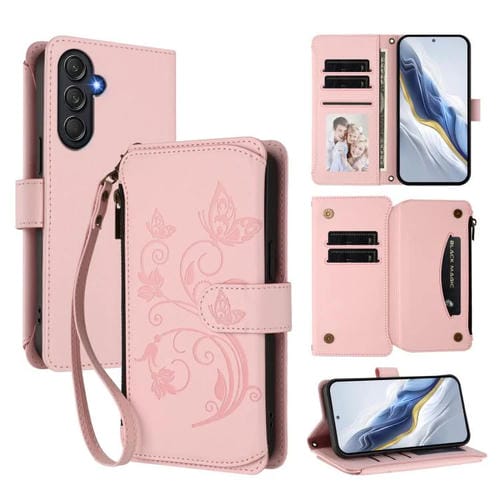 Funda de cuero con cremallera para Samsung Galaxy M54 5G / F54 5G, diseño de mariposas, flores y amor, con múltiples tarjetas (rosa)