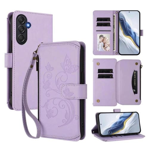 Funda de cuero con cremallera para Samsung Galaxy M55/C55, diseño de mariposas, flores y amor, con múltiples tarjetas (morado claro)