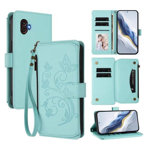 Funda de cuero con cremallera para Samsung Galaxy XCover6 Pro, diseño de mariposas, flores y amor, con múltiples tarjetas (verde menta)