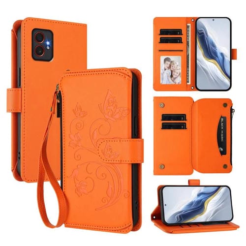 Funda de cuero con cremallera para Samsung Galaxy XCover7 Pro, diseño de mariposas, flores y amor (naranja)