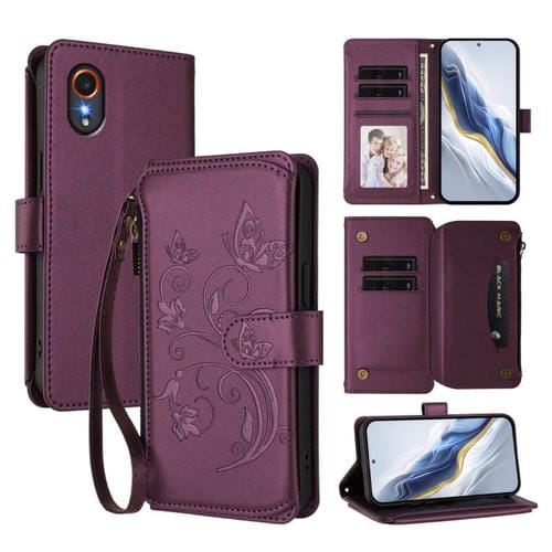 Funda de cuero con cremallera para Samsung Galaxy XCover7 5G, diseño de mariposas, flores y amor, con múltiples tarjetas (morado oscuro)